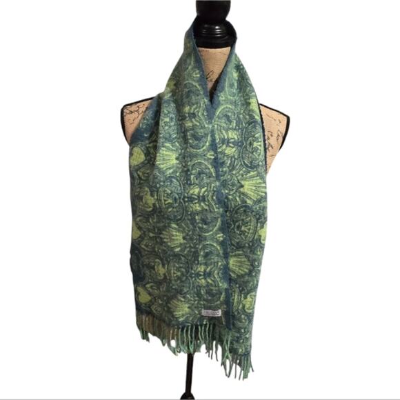Amicale 100% CASHMERE Designer Blue and Green Patterned Scarf - Picture 4 of 6